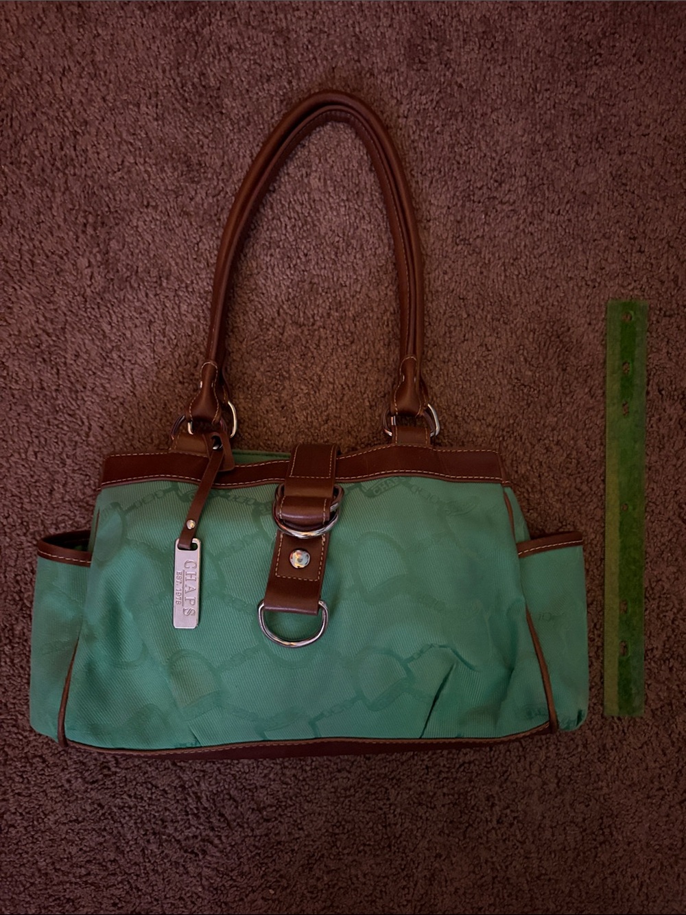 Chaps green monogram canvas shoulder bag with brown leather trim